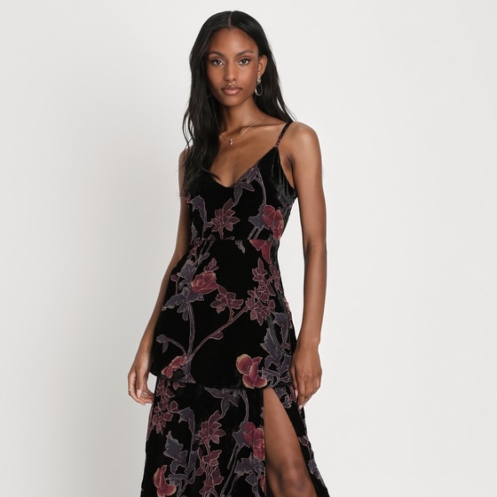 Lulus I Love You Amore Black Floral Velvet Tiered Maxi Dress - Size XL